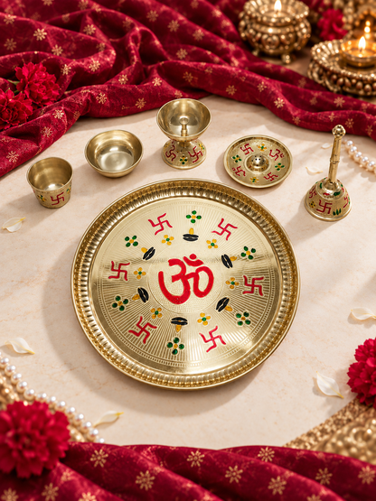 Brass Meenakari Pooja Thali Set with Om & Swastik — Complete Aarti Thali for Home Temple
