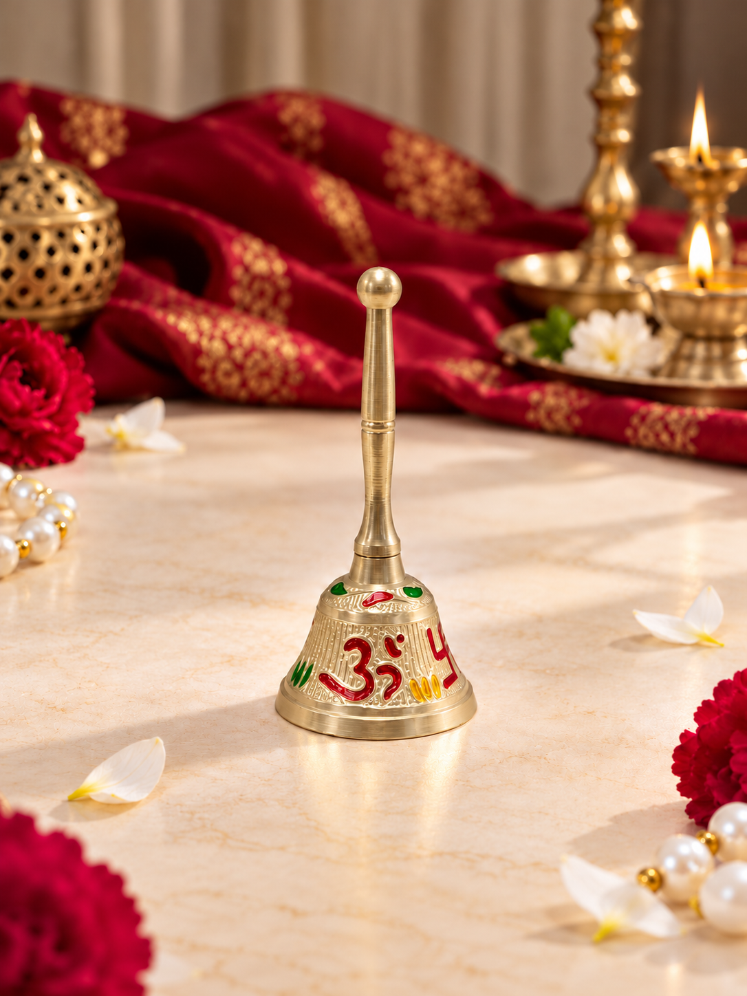 Brass Meenakari Pooja Thali Set with Om & Swastik — Complete Aarti Thali for Home Temple
