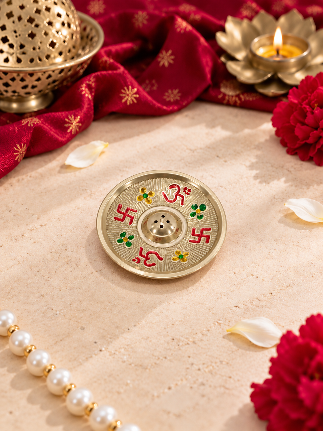 Brass Meenakari Pooja Thali Set with Om & Swastik — Complete Aarti Thali for Home Temple