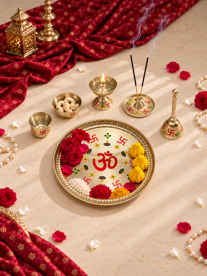 Brass Meenakari Pooja Thali Set with Om & Swastik — Complete Aarti Thali for Home Temple