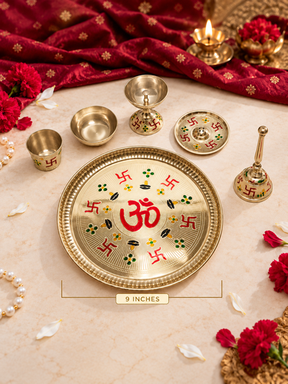 Brass Meenakari Pooja Thali Set with Om & Swastik — Complete Aarti Thali for Home Temple