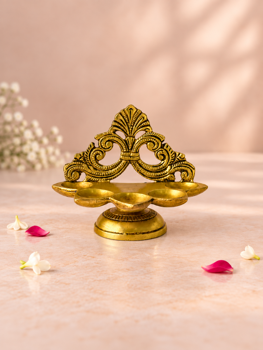 Brass Panch Aarti Diya — Five-Wick Diya for Pooja, Aarti & Festivals
