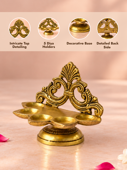 Brass Panch Aarti Diya — Five-Wick Diya for Pooja, Aarti & Festivals
