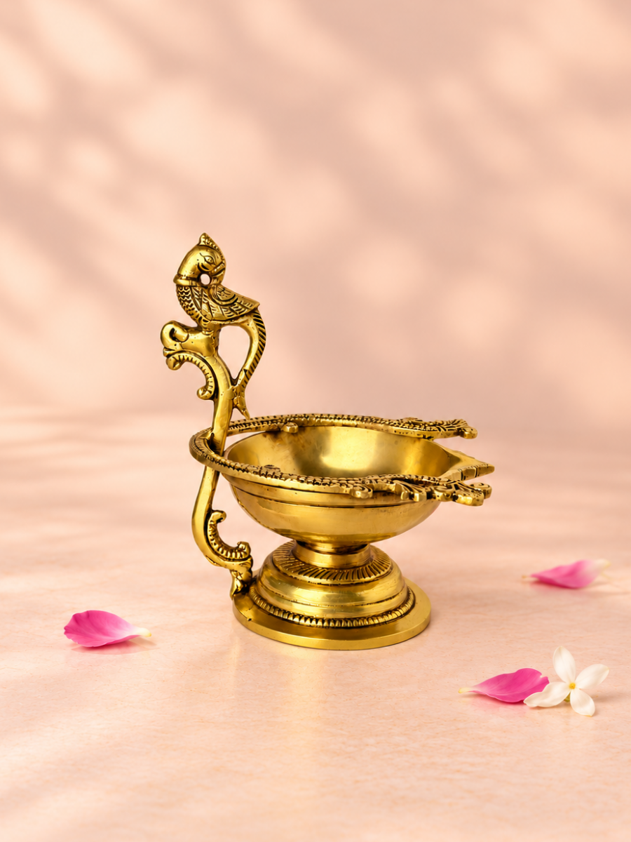Brass Peacock Diya — Handled Aarti Diya with Peacock Handle for Pooja & Aarti