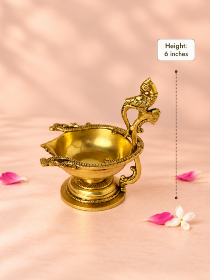 Brass Peacock Diya — Handled Aarti Diya with Peacock Handle for Pooja & Aarti