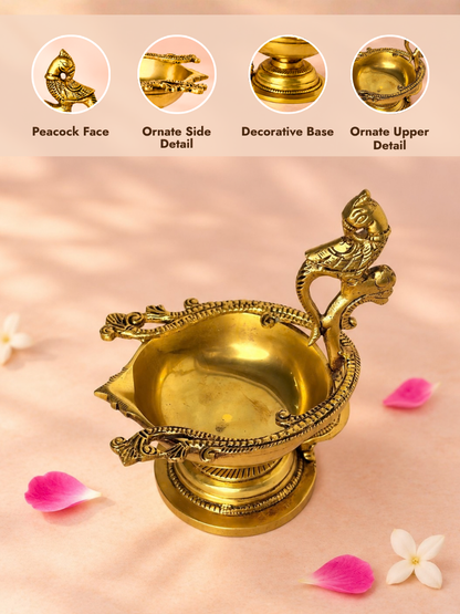 Brass Peacock Diya — Handled Aarti Diya with Peacock Handle for Pooja & Aarti