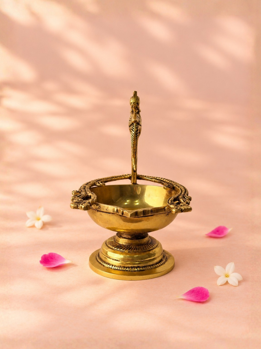 Brass Peacock Diya — Handled Aarti Diya with Peacock Handle for Pooja & Aarti