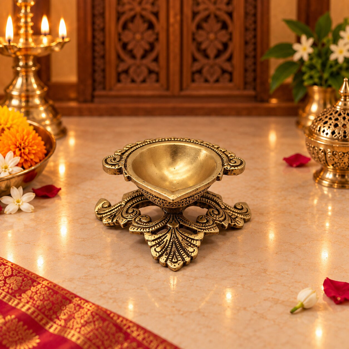 Brass Peepal Leaf Diya — Leaf-Shaped Diya on a Pedestal for Pooja & Diwali