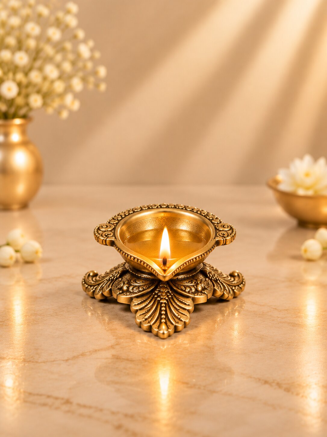 Brass Peepal Leaf Diya — Leaf-Shaped Diya on a Pedestal for Pooja & Diwali