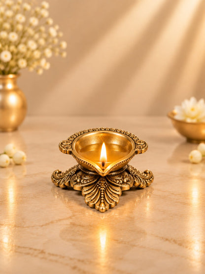 Brass Peepal Leaf Diya — Leaf-Shaped Diya on a Pedestal for Pooja & Diwali