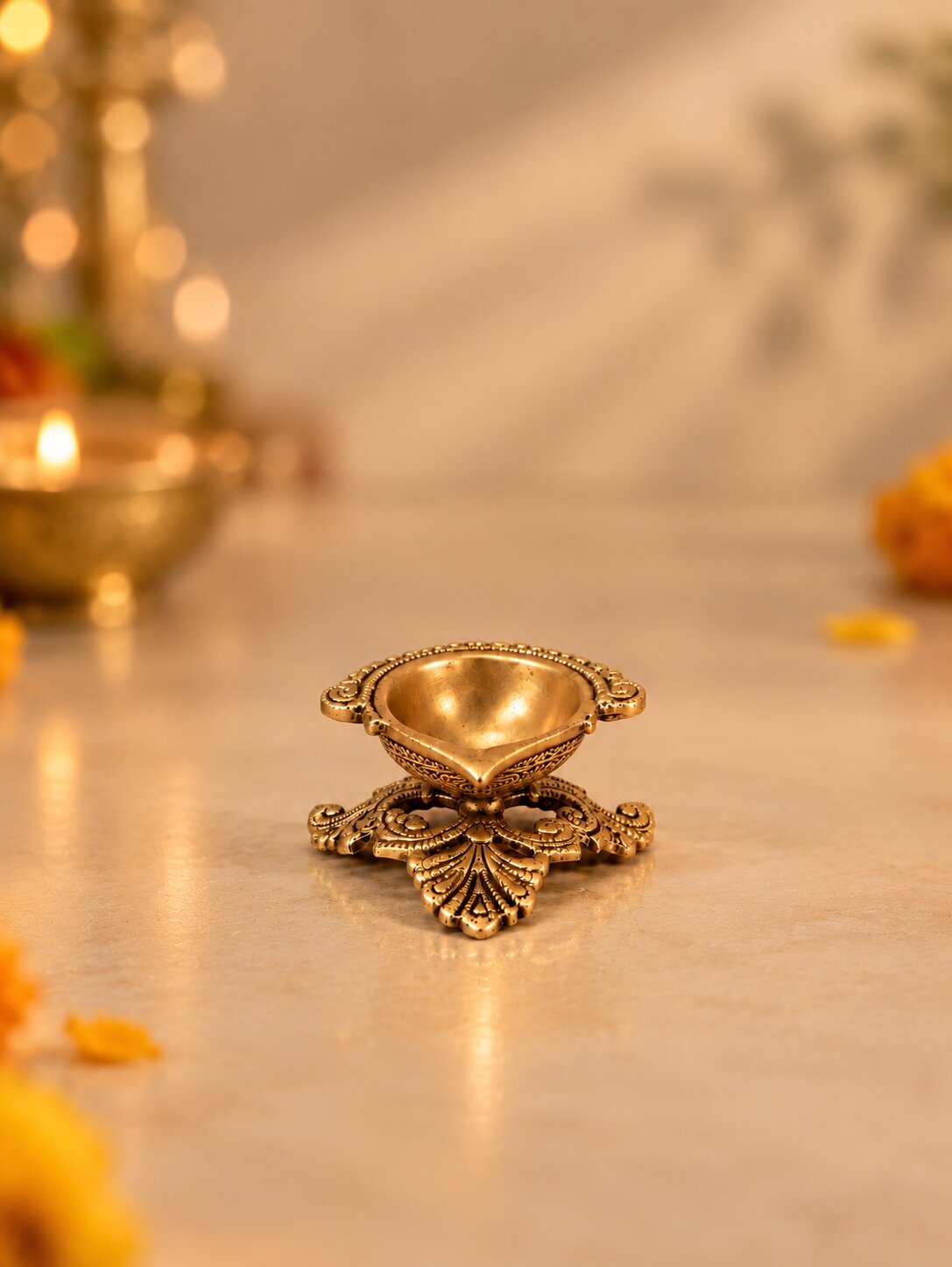 Brass Peepal Leaf Diya — Leaf-Shaped Diya on a Pedestal for Pooja & Diwali