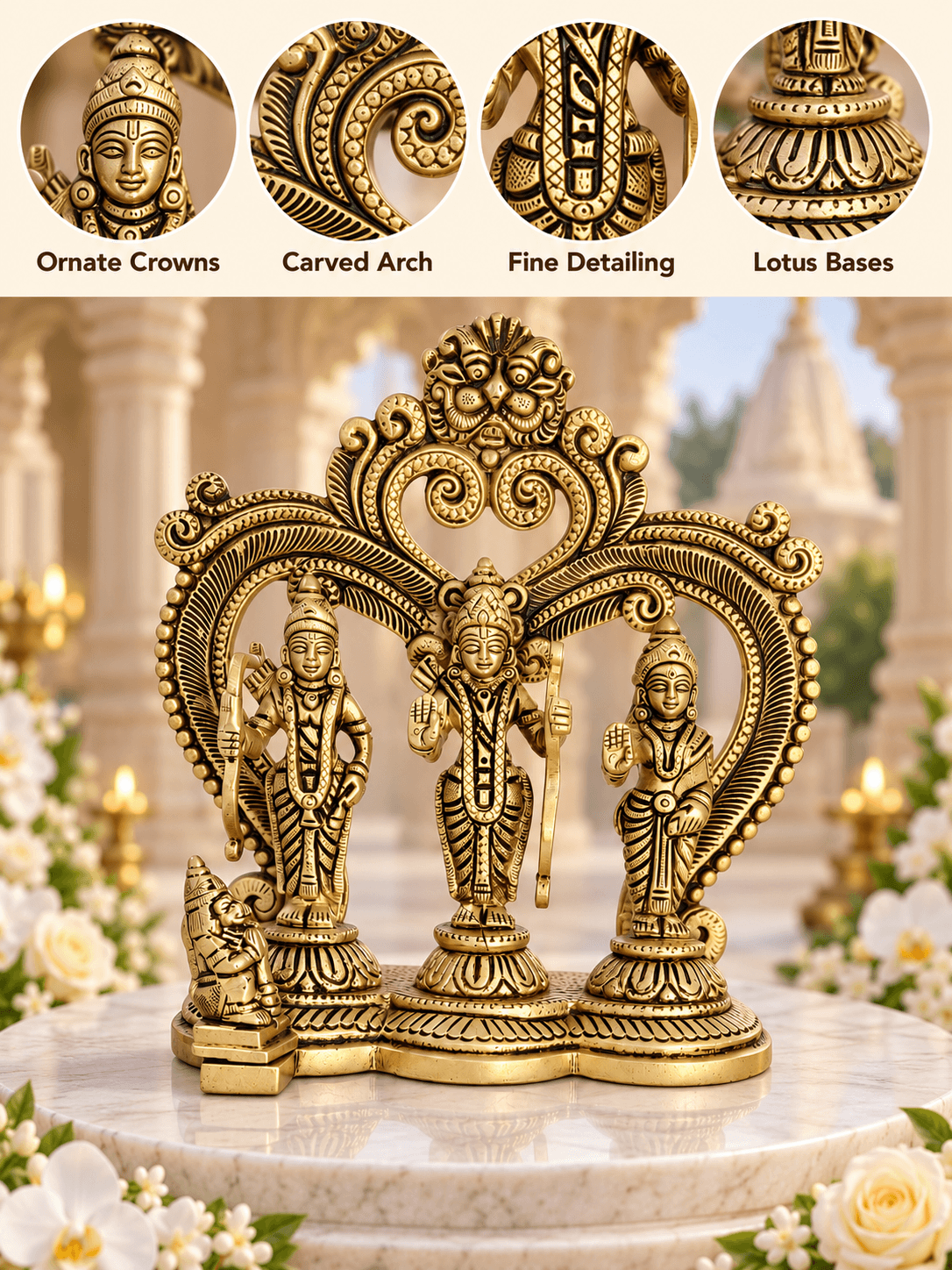 Brass Ram Darbar Standing Idol with Arch — Ram, Lakshman, Sita & Hanuman