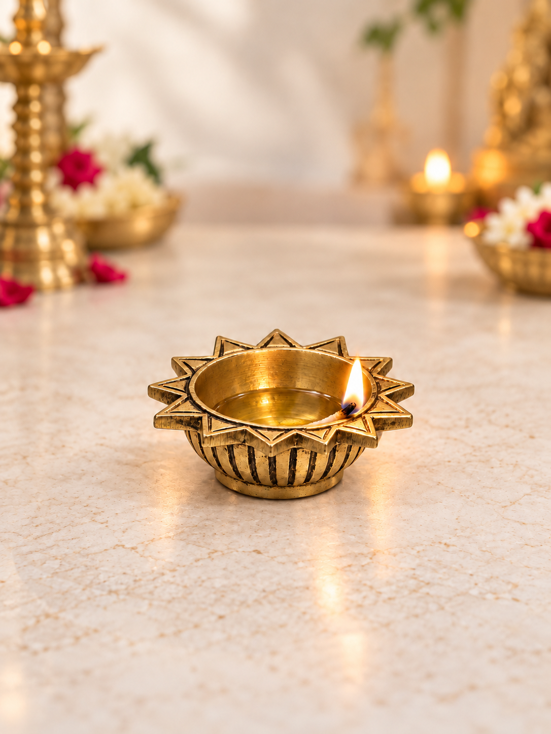 Brass Sun Diya — Star-Shaped Bowl Diya (Surya Diya) for Pooja & Diwali