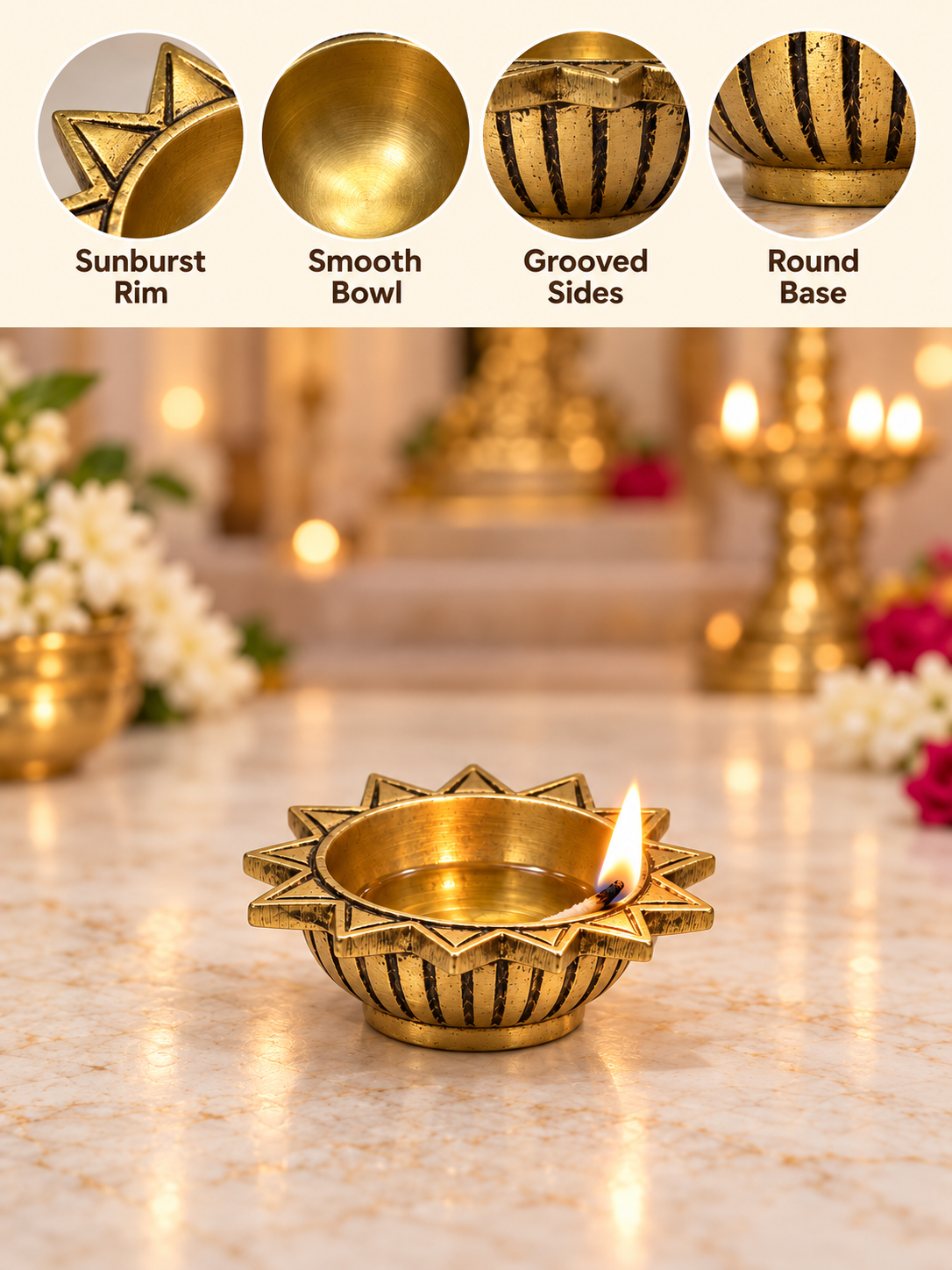 Brass Sun Diya — Set of 6 Star-Shaped Surya Diyas for Pooja & Diwali