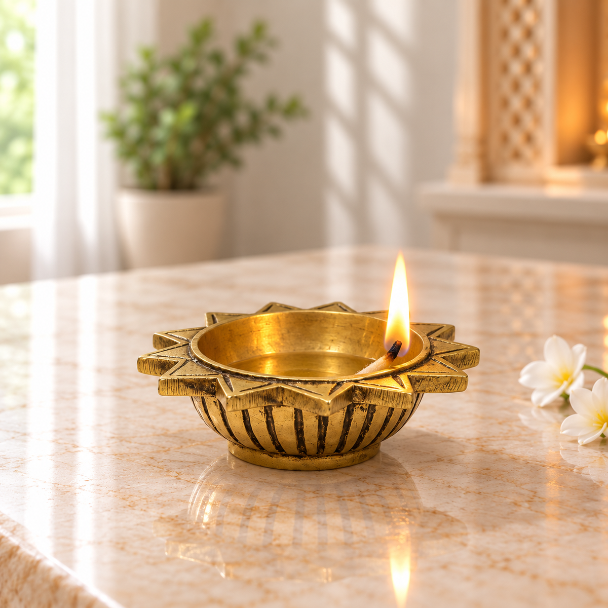 Brass Sun Diya — Set of 6 Star-Shaped Surya Diyas for Pooja & Diwali