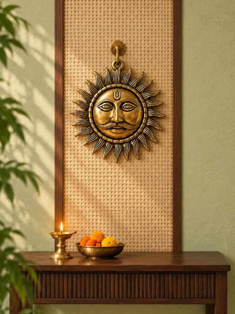Brass Sun Face Wall Hanging — Large Radiant Sun Wall Decor for Home & Entrance