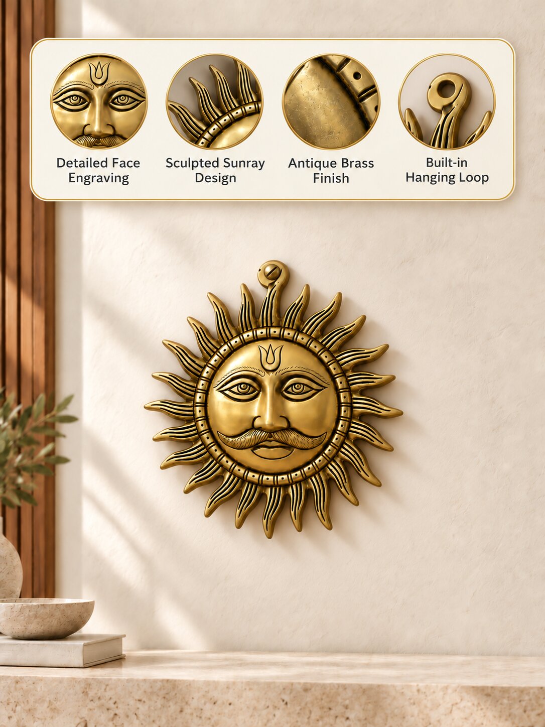 Brass Sun Face Wall Hanging — Large Radiant Sun Wall Decor for Home & Entrance