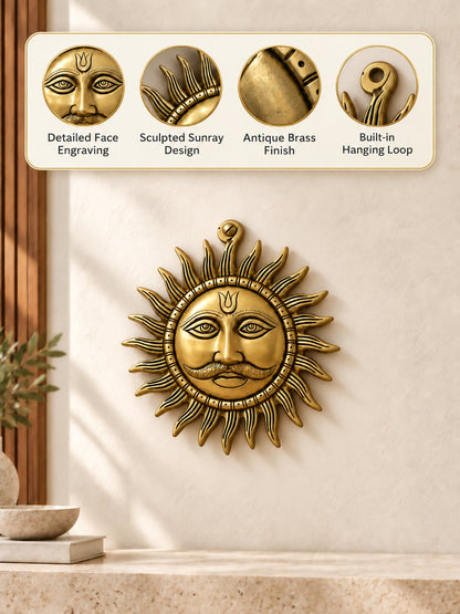 Brass Sun Face Wall Hanging — Large Radiant Sun Wall Decor for Home & Entrance