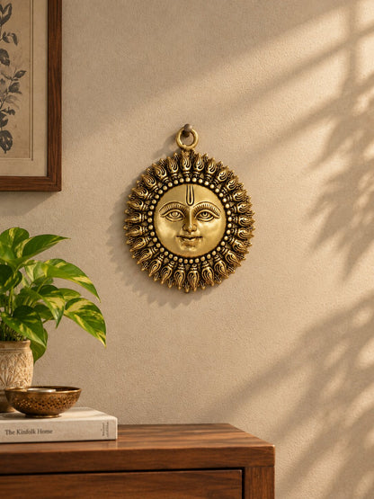 Brass Surya Dev Wall Hanging — Sun God Wall Decor for Pooja Room & East Wall