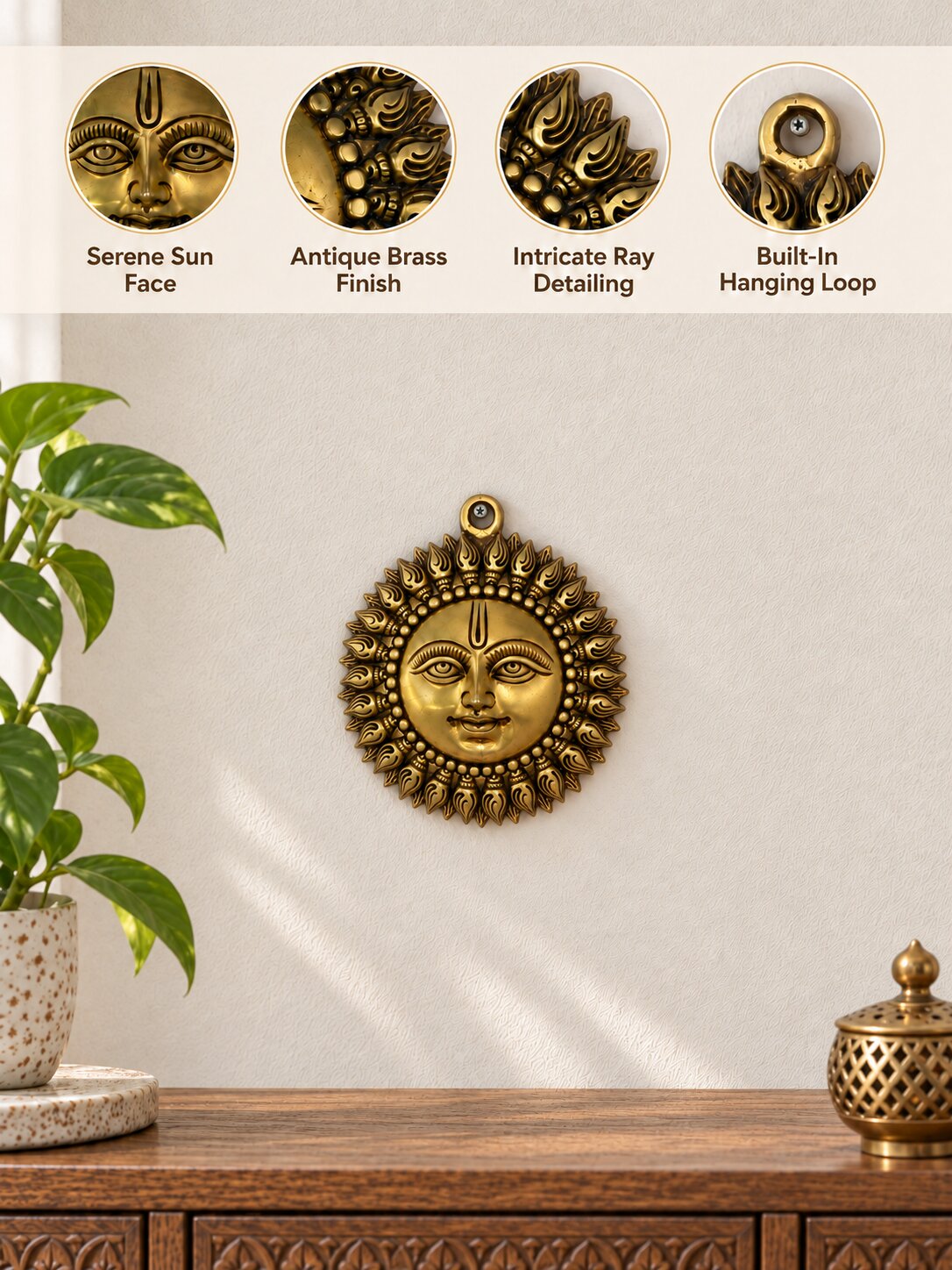Brass Surya Dev Wall Hanging — Sun God Wall Decor for Pooja Room & East Wall