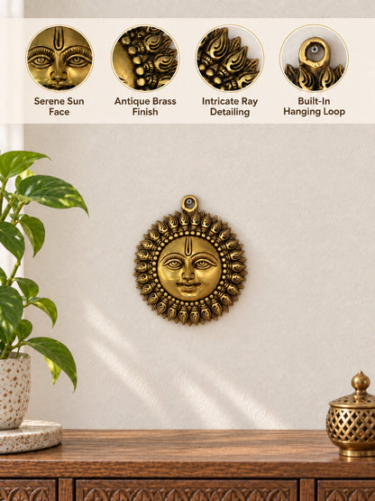 Brass Surya Dev Wall Hanging — Sun God Wall Decor for Pooja Room & East Wall