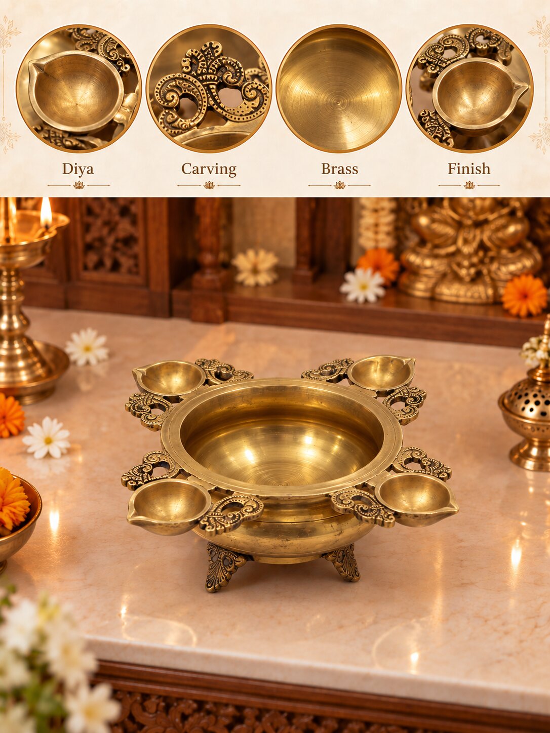 Brass Urli Diya — Urli Bowl with Diyas for Pooja, Diwali & Festive Decor