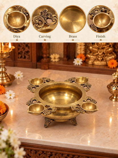 Brass Urli Diya — Urli Bowl with Diyas for Pooja, Diwali & Festive Decor