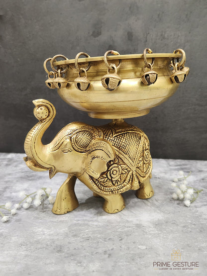 Brass Urli on Elephant Statue