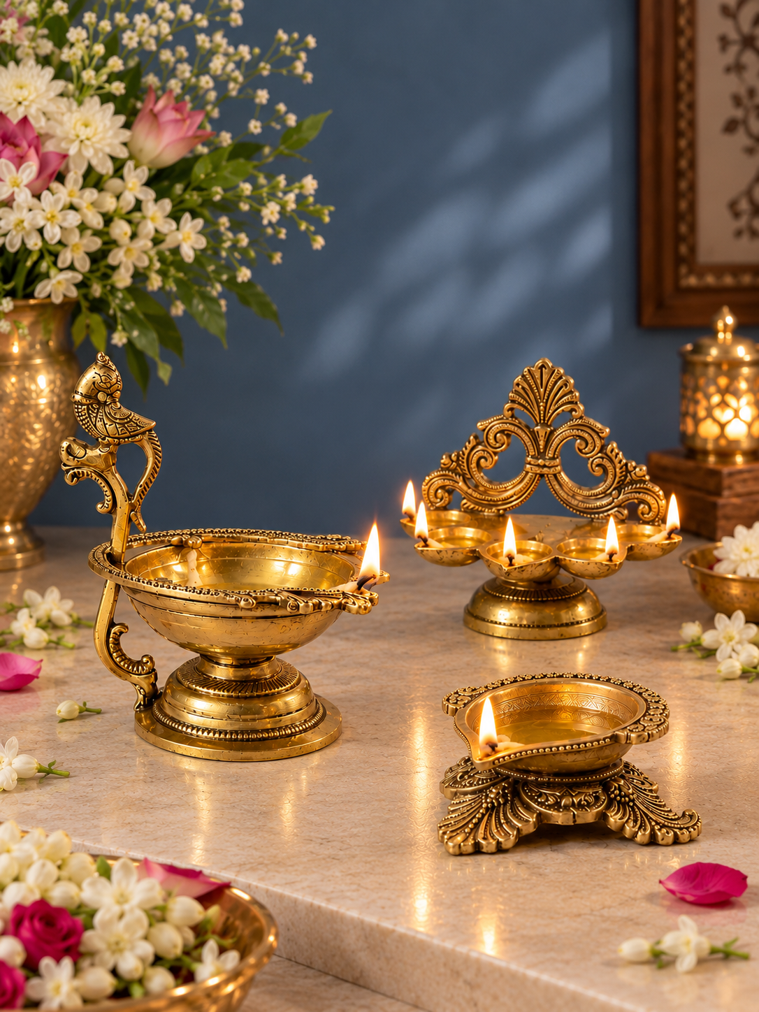 Brass Diya Set of 3 — Aarti Diya Combo | Prime Gesture