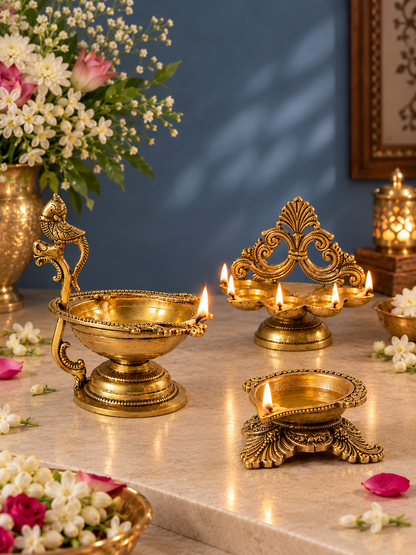 Brass Diya Set of 3 — Panch Aarti, Peepal Leaf & Peacock Handle Diya Combo