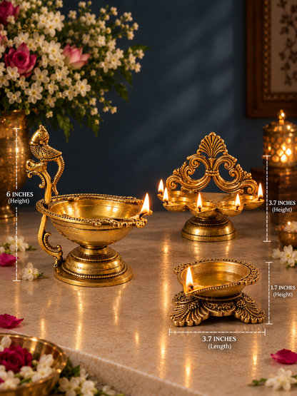 Brass Diya Set of 3 — Panch Aarti, Peepal Leaf & Peacock Handle Diya Combo