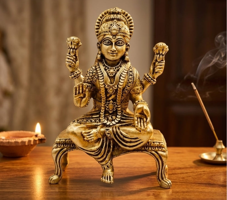 Brass Lakshmi Maa on Singhasan Idol – Goddess of Wealth, Prosperity & Divine Blessings