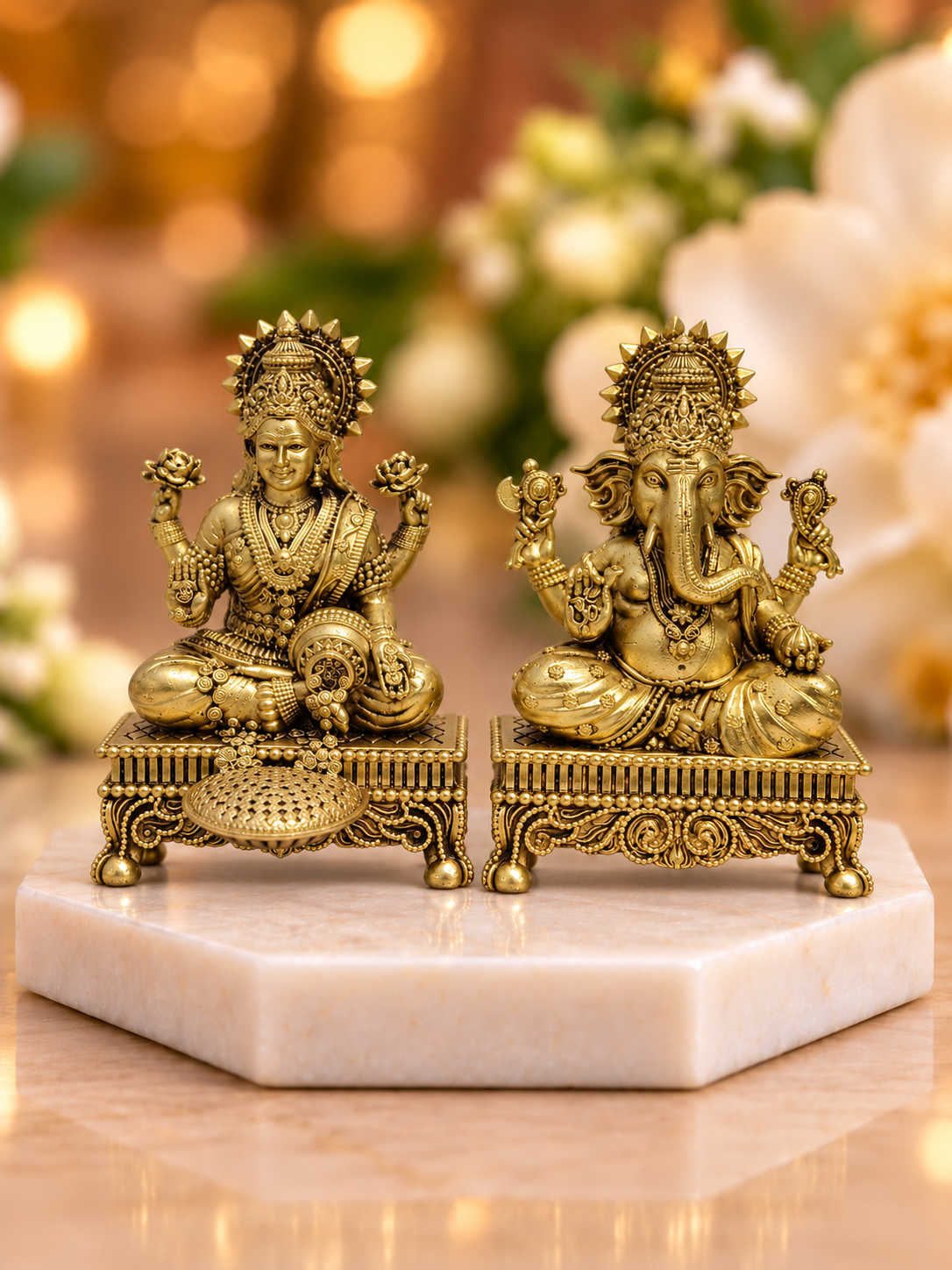 Brass Laxmi Ganesh Idol Set on Chowki Base — Seated Pair for Home Temple