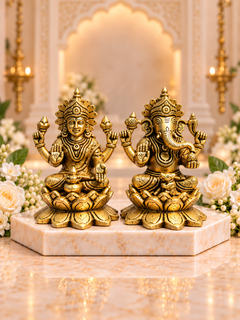 Brass Laxmi Ganesh Idol Set on Lotus Base — Seated Pair for Home Temple