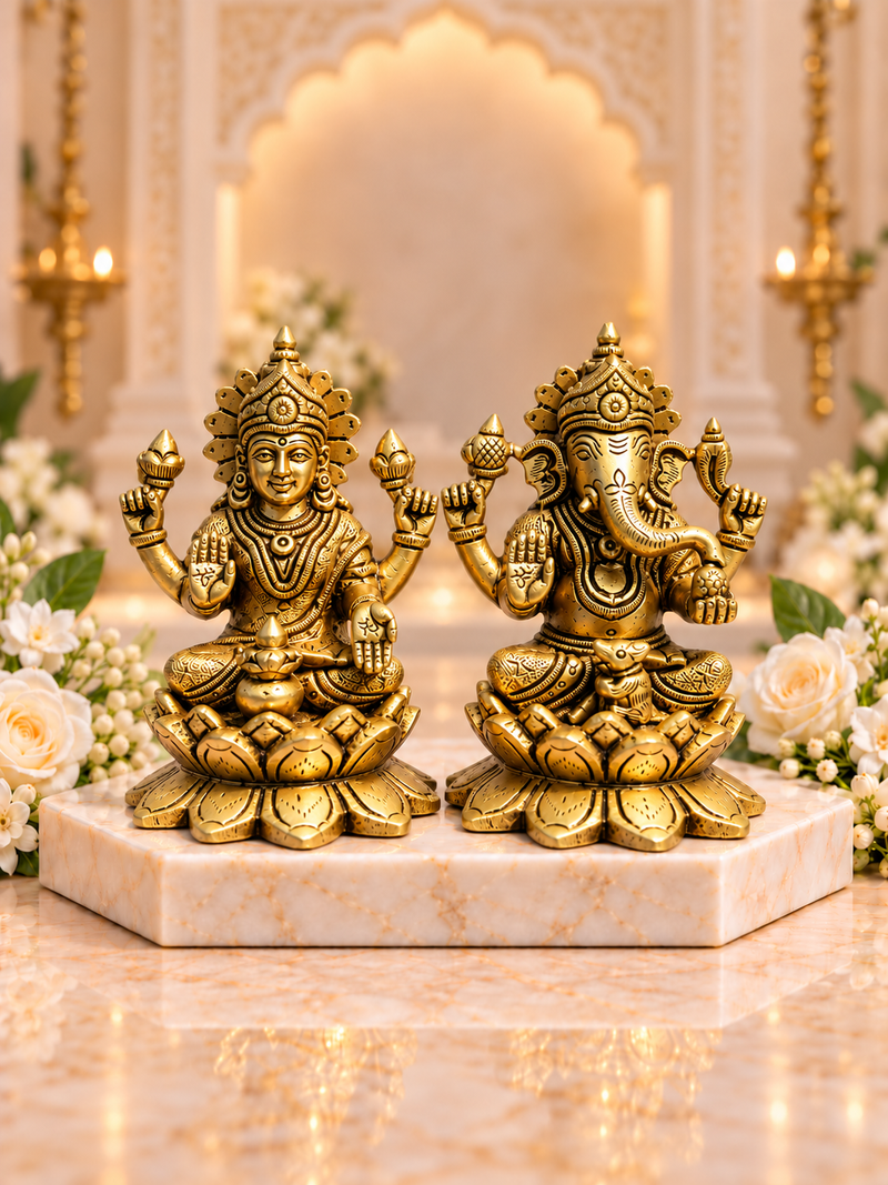 Brass Laxmi Ganesh Idol Set on Lotus Base — Seated Pair for Home Temple - Product Dimensions