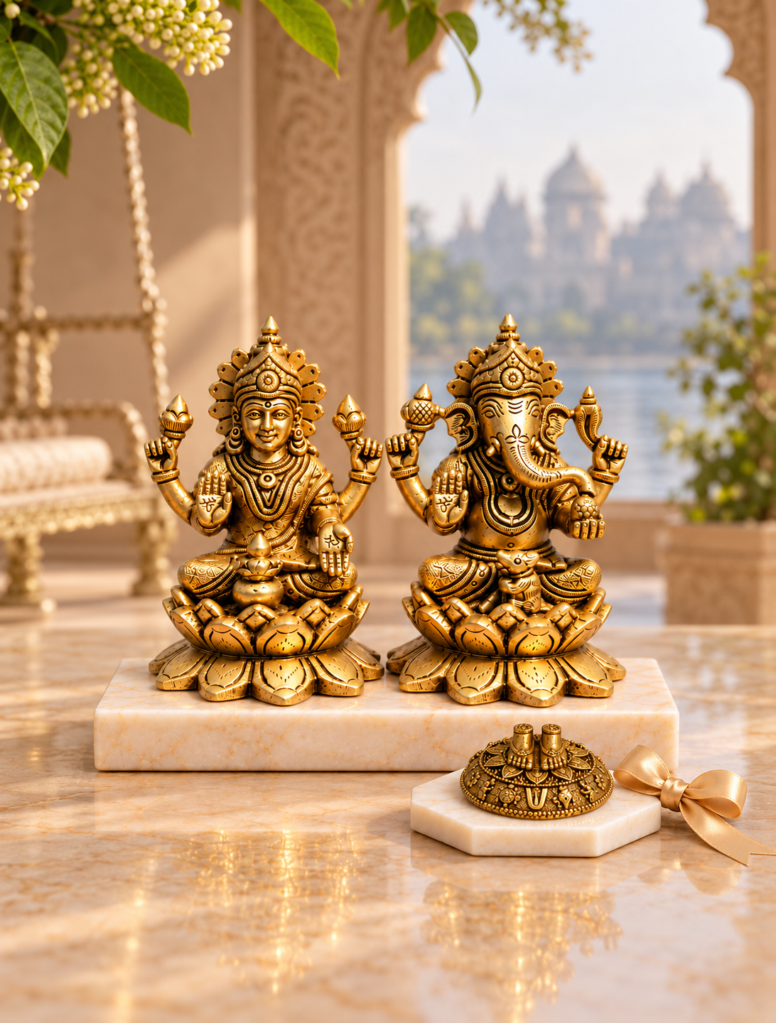 Brass Laxmi Ganesh Idol Set on Lotus Base — Seated Pair for Home Temple