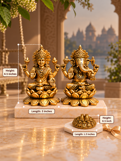 Brass Laxmi Ganesh Idol Set on Lotus Base — Seated Pair for Home Temple