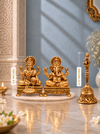 Brass Laxmi Ganesh Idol Set with Hanuman Bell — 2-in-1 Puja Combo