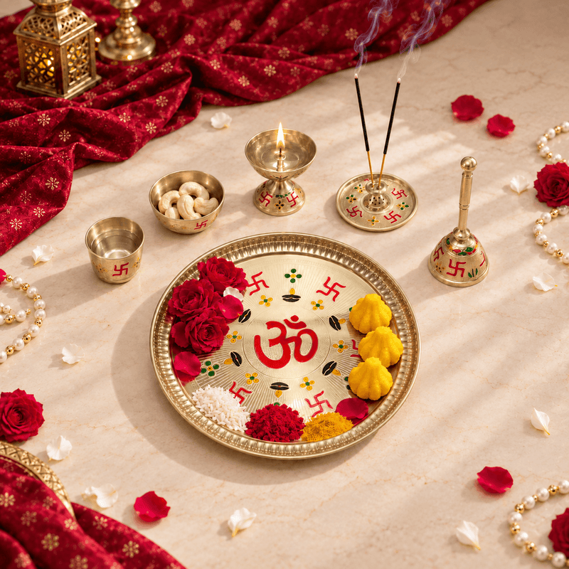 Brass Meenakari Pooja Thali Set with Om & Swastik — Complete Aarti Thali for Home Temple - Product Dimensions