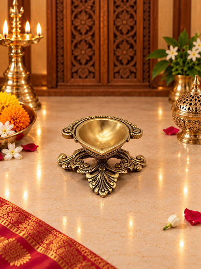 Brass Diya Set of 3 — Panch Aarti, Peepal Leaf & Peacock Handle Diya Combo