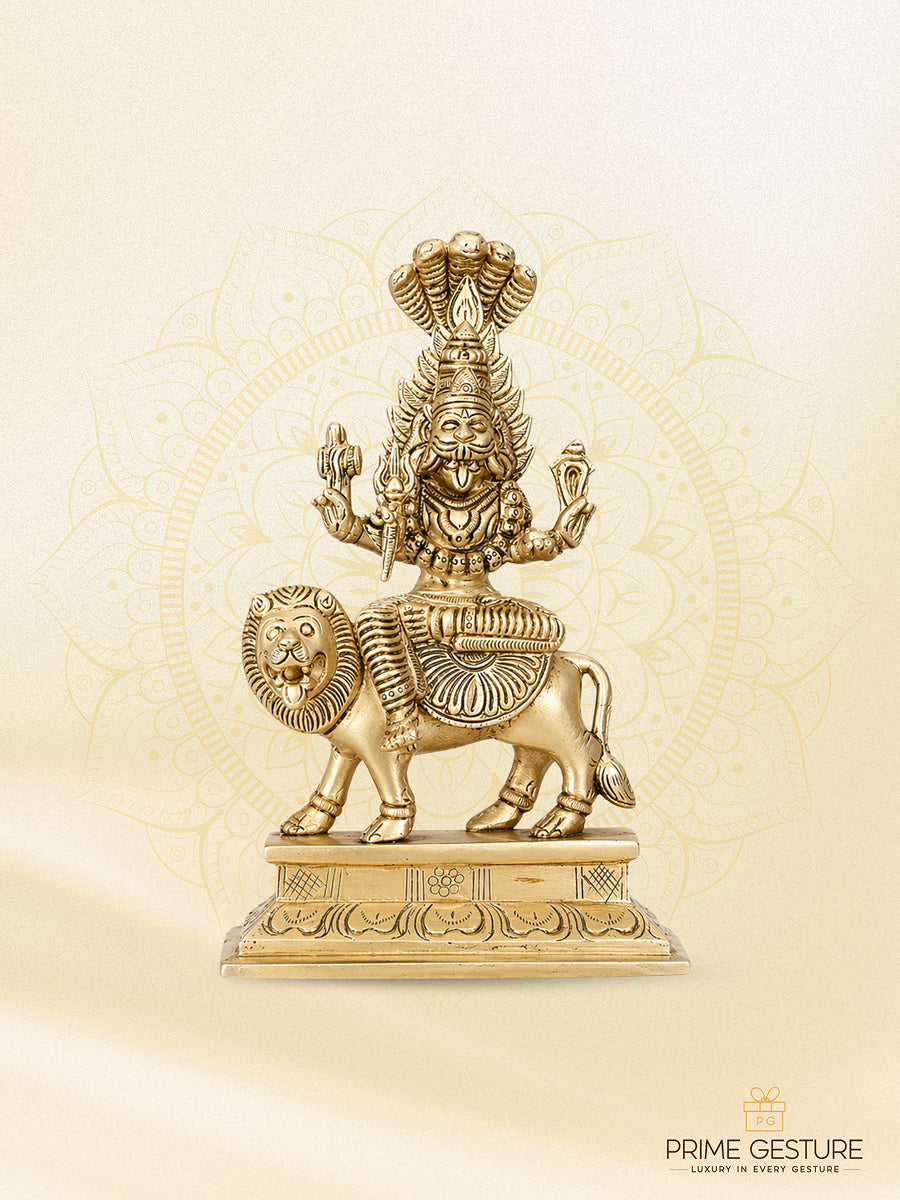 Pratyangira Devi brass murti - handcrafted Narasimhi statue with antique finish