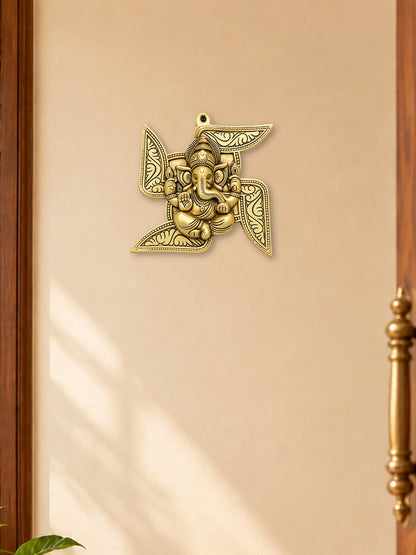 Brass Swastik Ganesh Wall Hanging – Ganpati Wall Décor for Home Entrance & Vastu Blessings