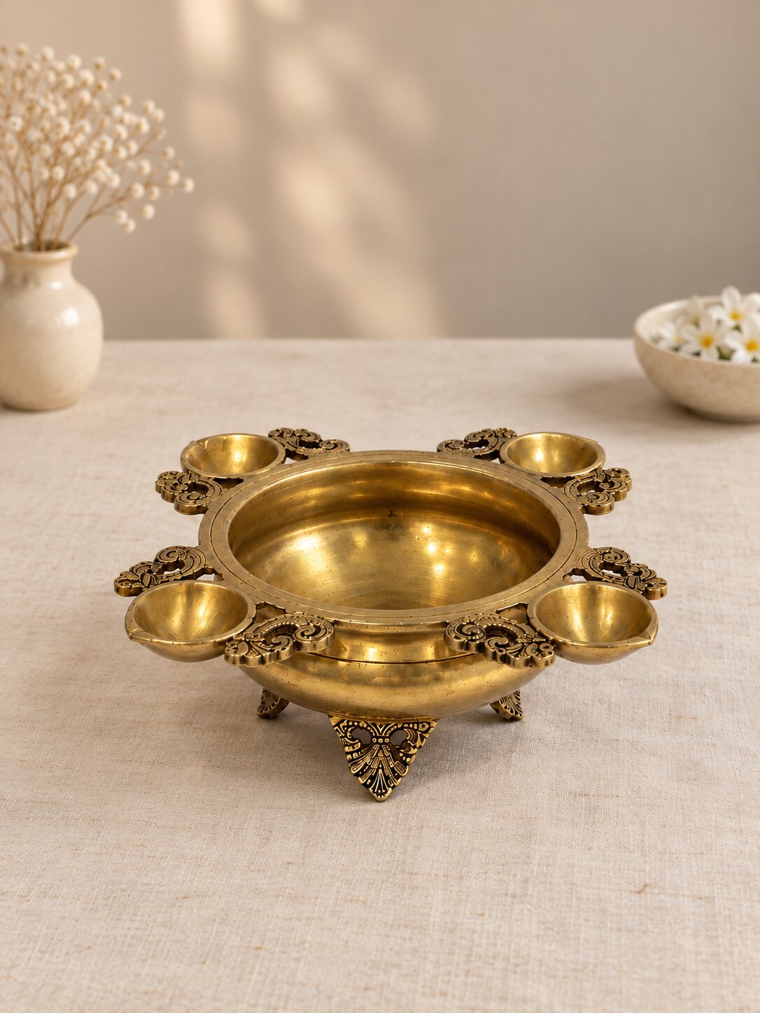Brass Laxmi Ganesh, Urli Diya & Bell Combo — Pooja and Decor Set