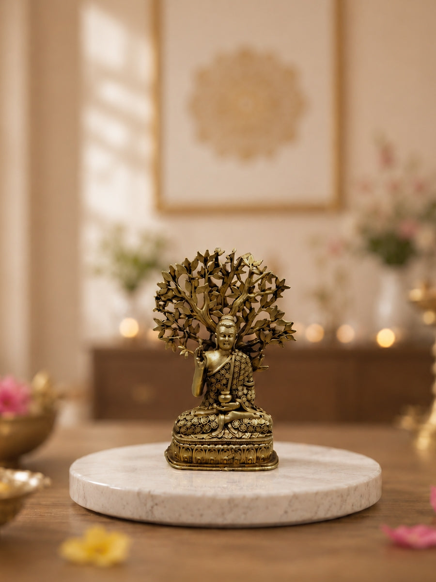 Buddha Under Bodhi Tree Antique Gold Finish Statue