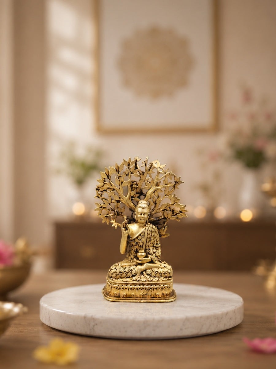 Buddha Under Bodhi Tree Antique Gold Finish Statue