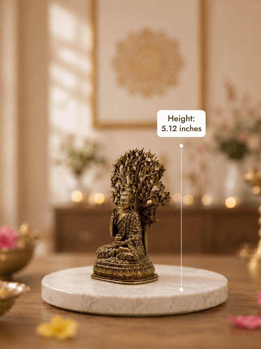 Buddha Under Bodhi Tree Antique Gold Finish - Height 5.12 inches