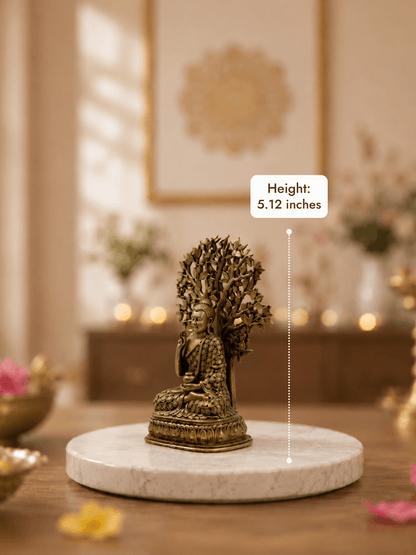 Buddha Under Bodhi Tree Antique Gold Finish - Height 5.12 inches