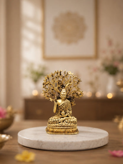 Buddha Under Bodhi Tree Antique Gold Finish Statue for Peaceful Home Decor