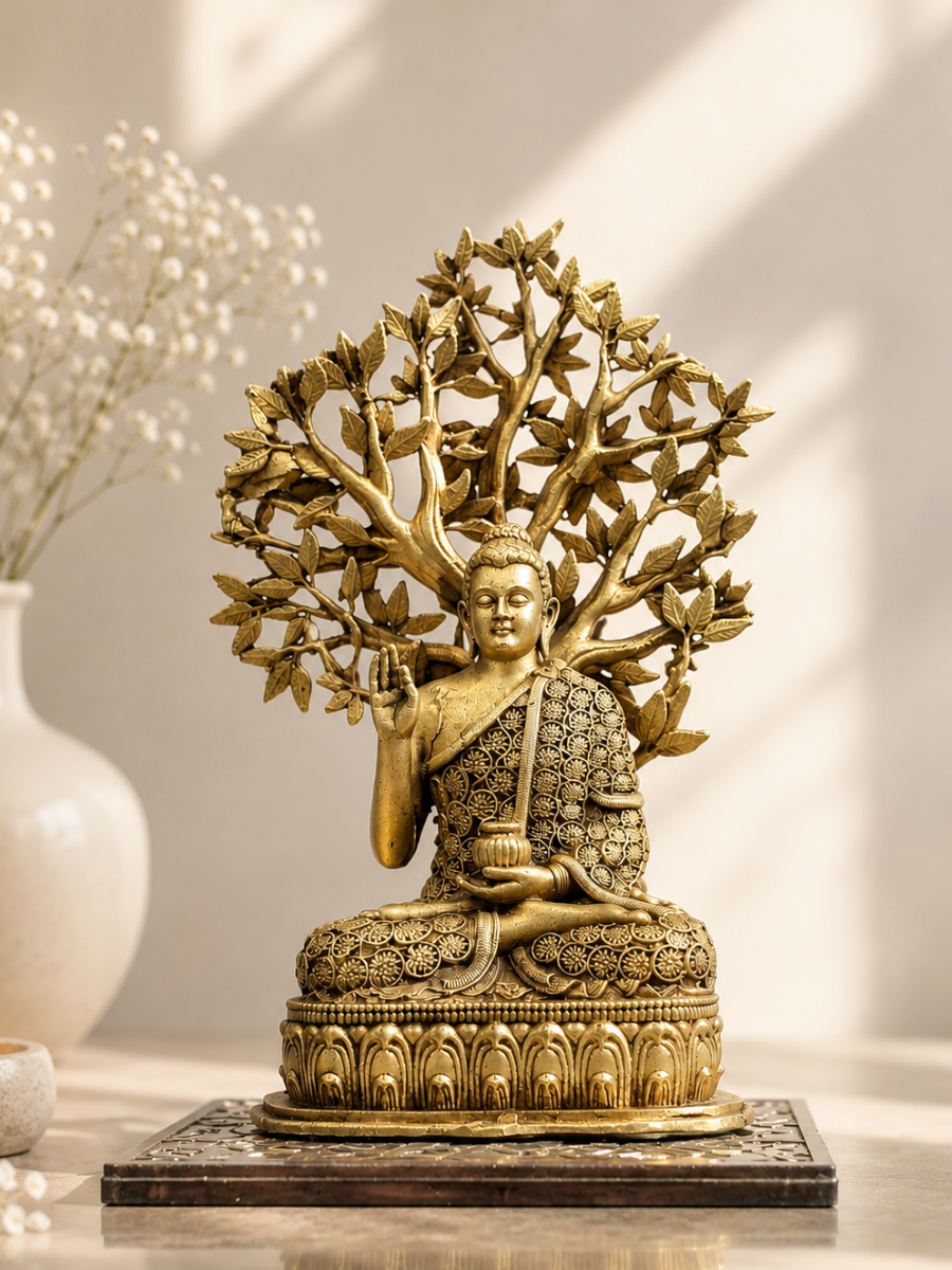 Buddha Under Bodhi Tree Antique Gold Finish Statue for Peaceful Home Decor