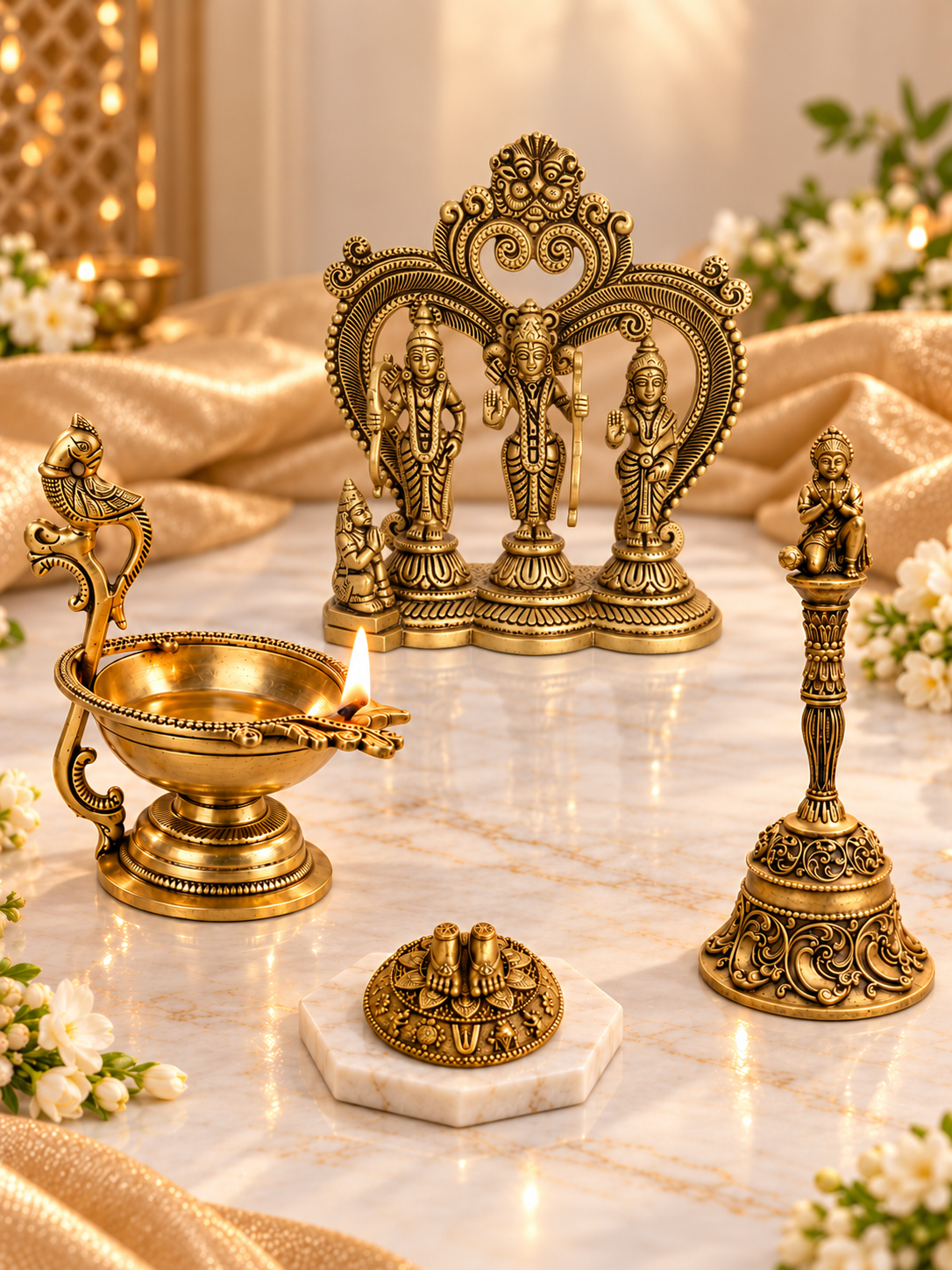 Brass Pooja Essentials Bundle – Ram Darbar, Peacock Diya, Hanuman Bell & Charan Paduka